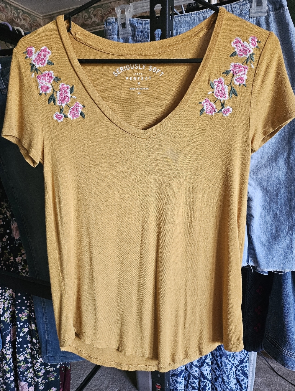 Mustard V‑Neck Top with Pink Floral Embroidery